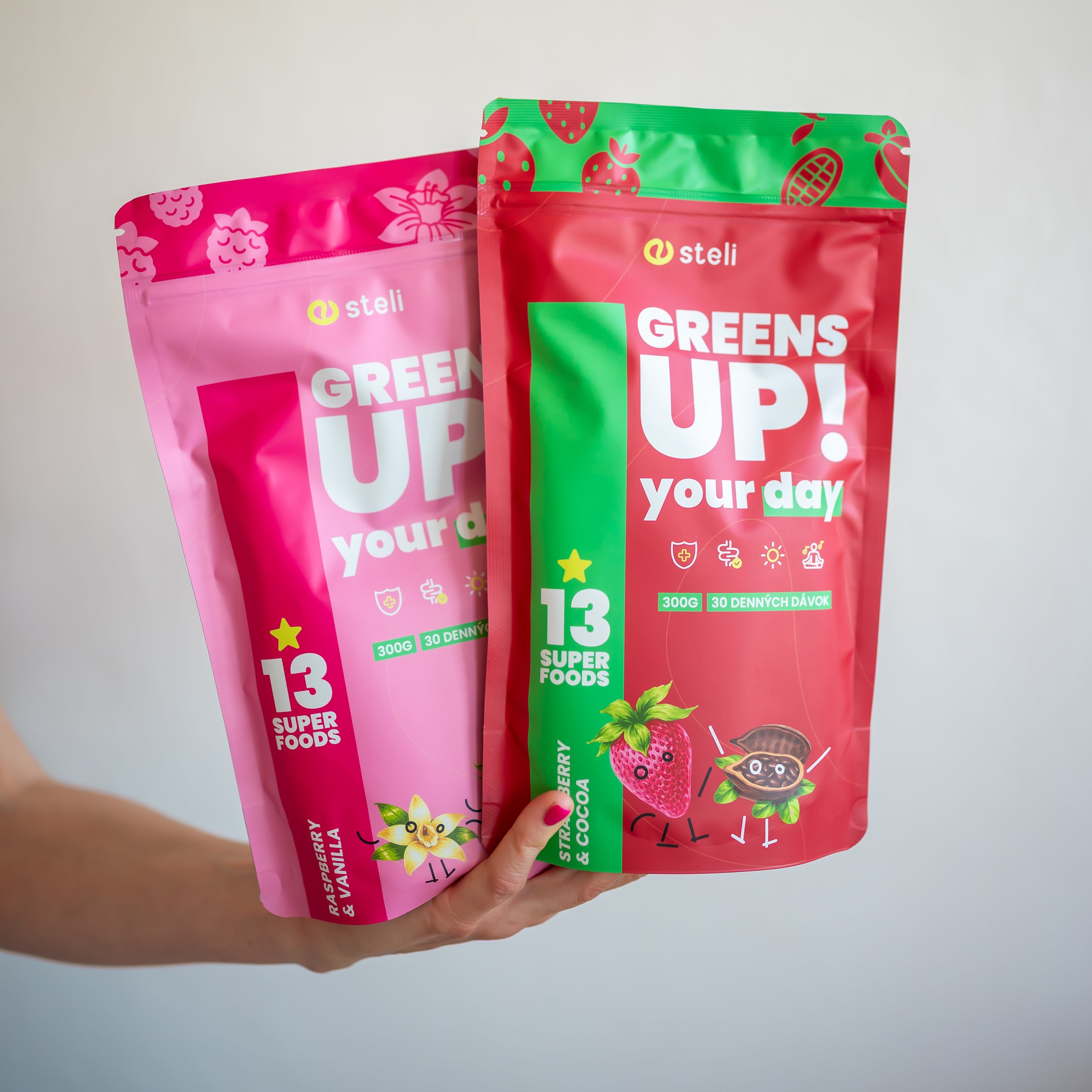 GREENS UP! Strawberry & Cocoa + Raspberry & Vanilla